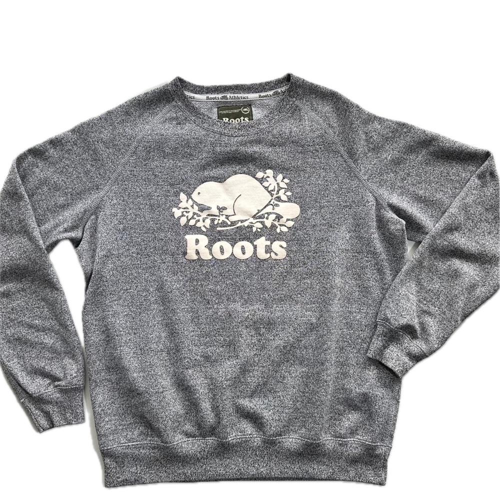 Roots Athletics Canada Beaver Spell Out Crewneck Sweatshirt Gray Heather Medium